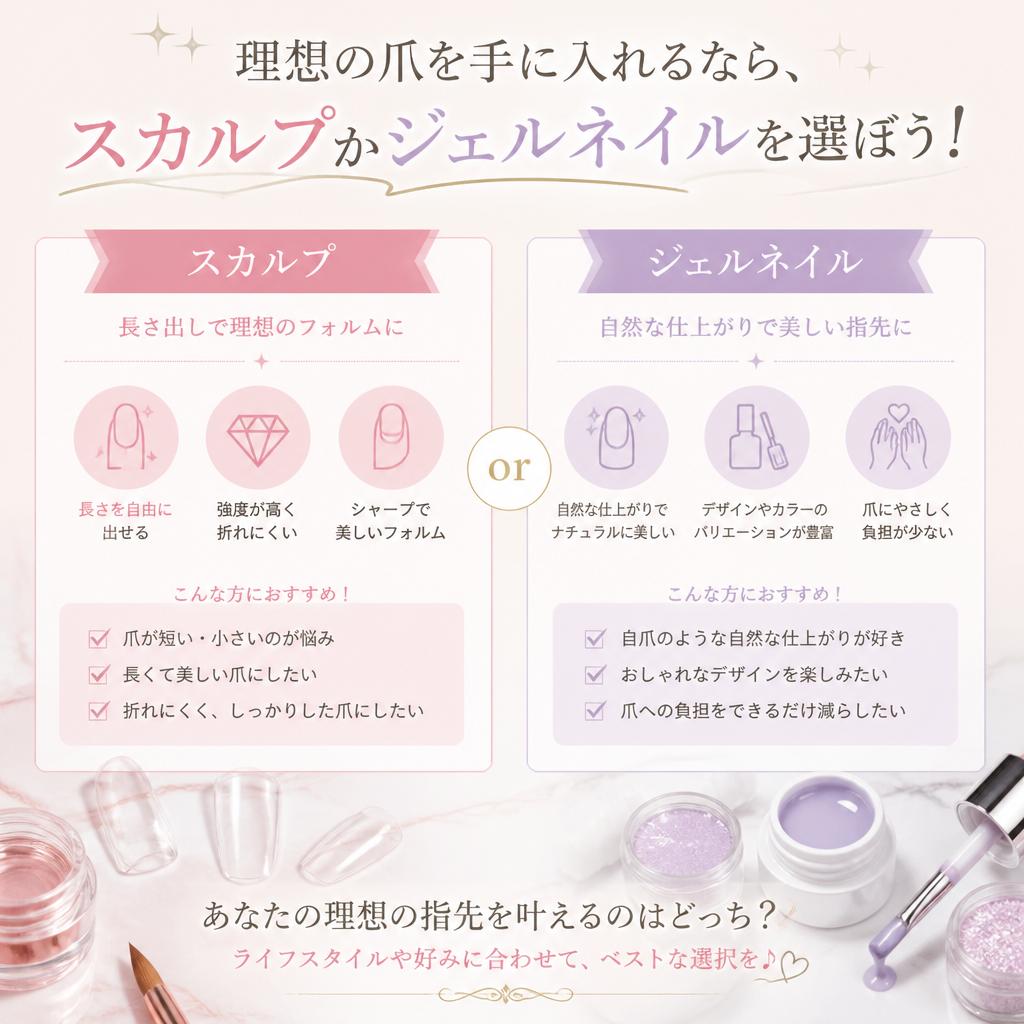 理想の爪を手に入れるなら、スカルプかジェルネイルを選ぼう！